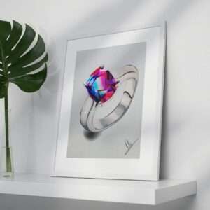 Druck eines silbernen Rings mit leuchtendem Edelstein in Pink-Blau-Violett – Kunstwerk von Nia Moody 2