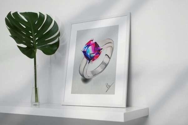 Druck eines silbernen Rings mit leuchtendem Edelstein in Pink-Blau-Violett – Kunstwerk von Nia Moody 2