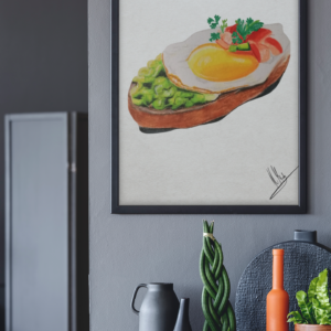 Druck eines Toastbrots mit Spiegelei, Gemüse und Salat – farbenfrohes Food-Art-Motiv von Nia Moody8