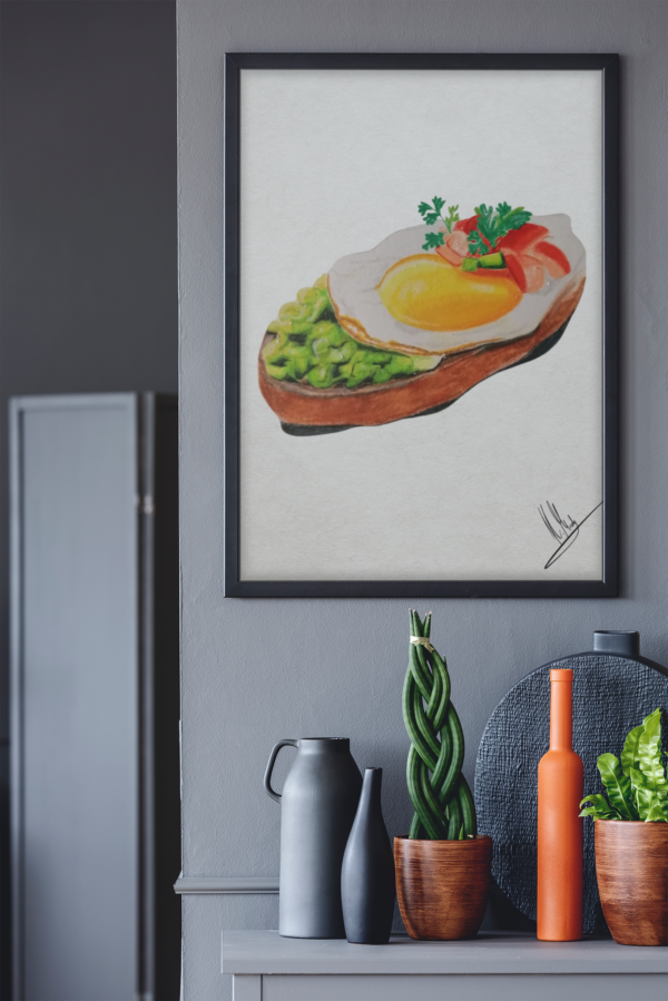 Druck eines Toastbrots mit Spiegelei, Gemüse und Salat – farbenfrohes Food-Art-Motiv von Nia Moody8