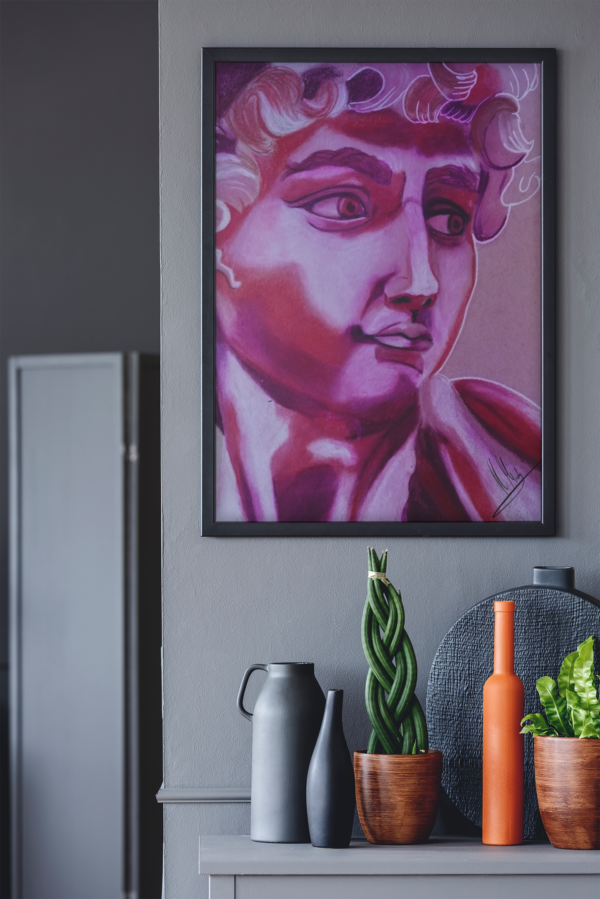 Porträtzeichnung in Rottönen auf grauem Papier – Kunstwerk „Michael“ von Jasmin Moody7