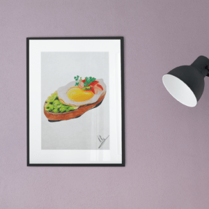 Druck eines Toastbrots mit Spiegelei, Gemüse und Salat – farbenfrohes Food-Art-Motiv von Nia Moody7