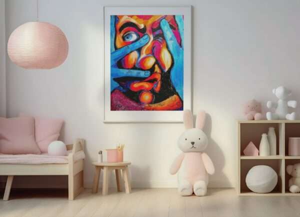 Druck eines farbstarken Gesichts mit blauen Händen, leuchtenden Farben und ausdrucksstarkem Blick – Kunstwerk von Nia Moody10