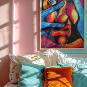 Druck eines farbstarken Gesichts mit blauen Händen, leuchtenden Farben und ausdrucksstarkem Blick – Kunstwerk von Nia Moody8