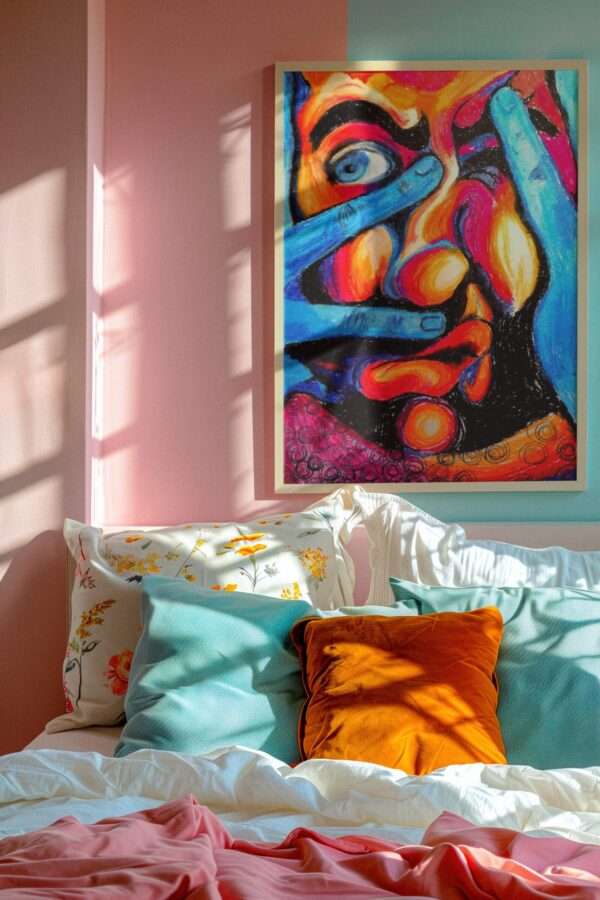 Druck eines farbstarken Gesichts mit blauen Händen, leuchtenden Farben und ausdrucksstarkem Blick – Kunstwerk von Nia Moody8