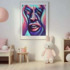 Digitales Porträt eines Gesichts in Blau, Pink und Violett - emotionale Kunst von Jasmin Moody9