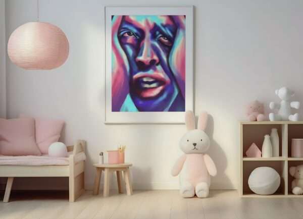 Digitales Porträt eines Gesichts in Blau, Pink und Violett - emotionale Kunst von Jasmin Moody9
