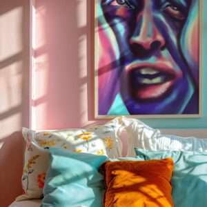 Digitales Porträt eines Gesichts in Blau, Pink und Violett - emotionale Kunst von Jasmin Moody7