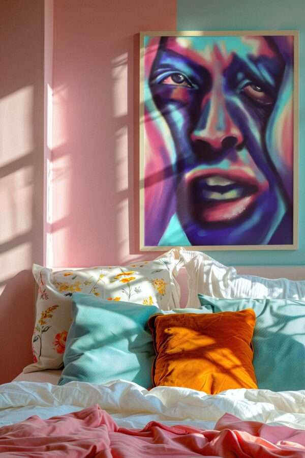 Digitales Porträt eines Gesichts in Blau, Pink und Violett - emotionale Kunst von Jasmin Moody7