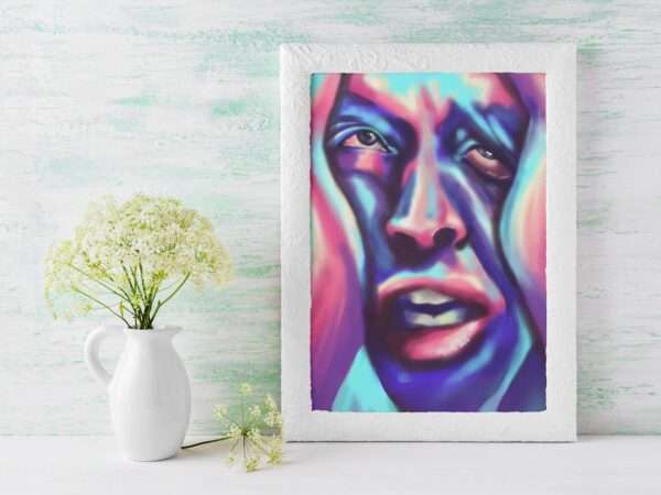 Digitales Porträt eines Gesichts in Blau, Pink und Violett - emotionale Kunst von Jasmin Moody4