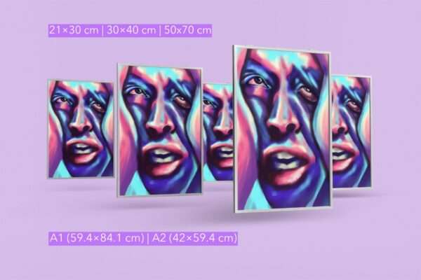 Digitales Porträt eines Gesichts in Blau, Pink und Violett - emotionale Kunst von Jasmin Moody3