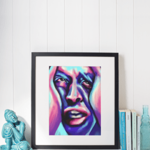 Digitales Porträt eines Gesichts in Blau, Pink und Violett - emotionale Kunst von Jasmin Moody2