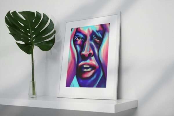 Digitales Porträt eines Gesichts in Blau, Pink und Violett - emotionale Kunst von Jasmin Moody1
