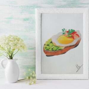 Druck eines Toastbrots mit Spiegelei, Gemüse und Salat – farbenfrohes Food-Art-Motiv von Nia Moody6