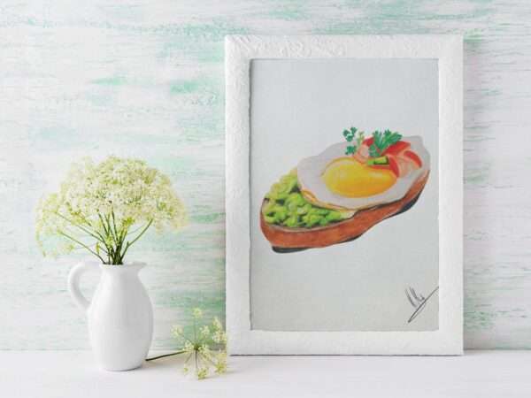 Druck eines Toastbrots mit Spiegelei, Gemüse und Salat – farbenfrohes Food-Art-Motiv von Nia Moody6