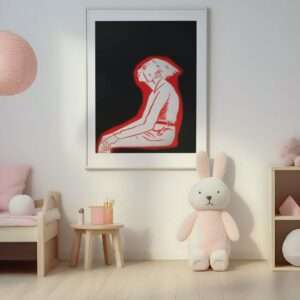 Druck einer sitzenden Figur in roter Silhouette auf schwarzem Hintergrund – grafisches Kunstwerk von Nia Moody10