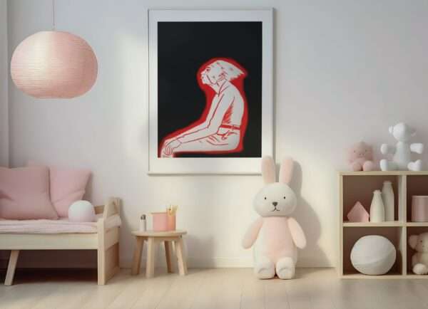 Druck einer sitzenden Figur in roter Silhouette auf schwarzem Hintergrund – grafisches Kunstwerk von Nia Moody10