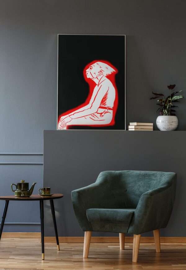 Druck einer sitzenden Figur in roter Silhouette auf schwarzem Hintergrund – grafisches Kunstwerk von Nia Moody9