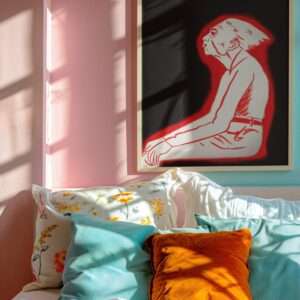 Druck einer sitzenden Figur in roter Silhouette auf schwarzem Hintergrund – grafisches Kunstwerk von Nia Moody8