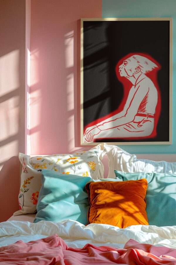 Druck einer sitzenden Figur in roter Silhouette auf schwarzem Hintergrund – grafisches Kunstwerk von Nia Moody8
