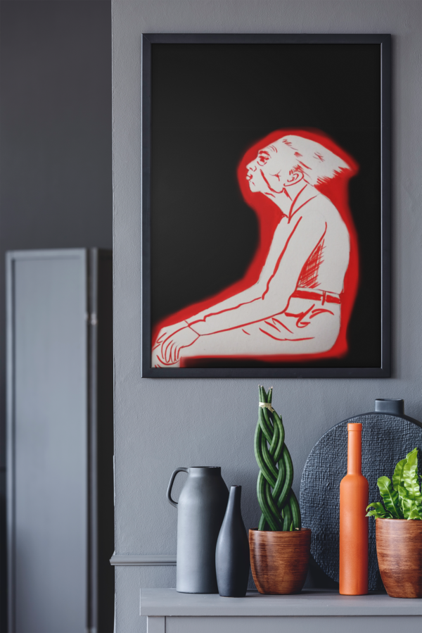 Druck einer sitzenden Figur in roter Silhouette auf schwarzem Hintergrund – grafisches Kunstwerk von Nia Moody7