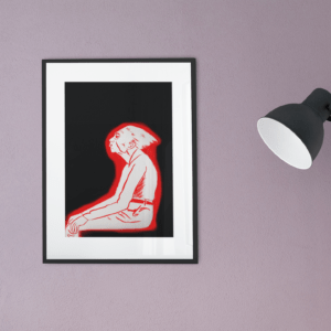 Druck einer sitzenden Figur in roter Silhouette auf schwarzem Hintergrund – grafisches Kunstwerk von Nia Moody6