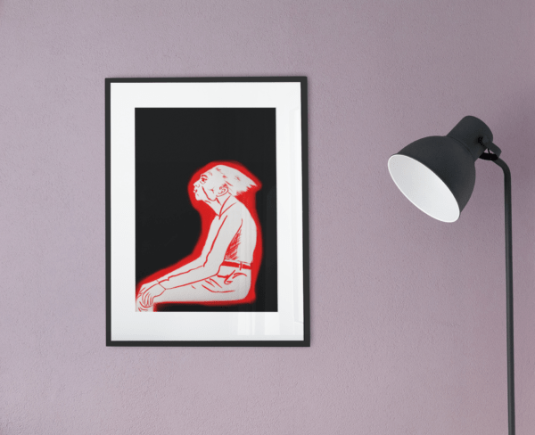 Druck einer sitzenden Figur in roter Silhouette auf schwarzem Hintergrund – grafisches Kunstwerk von Nia Moody6