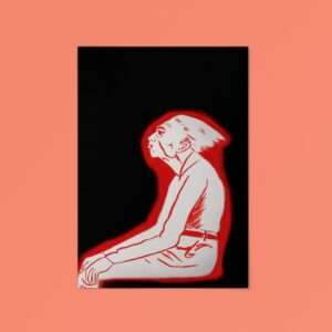 Druck einer sitzenden Figur in roter Silhouette auf schwarzem Hintergrund – grafisches Kunstwerk von Nia Moody