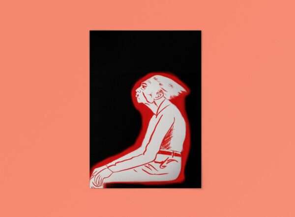Druck einer sitzenden Figur in roter Silhouette auf schwarzem Hintergrund – grafisches Kunstwerk von Nia Moody
