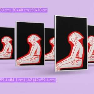 Druck einer sitzenden Figur in roter Silhouette auf schwarzem Hintergrund – grafisches Kunstwerk von Nia Moody4