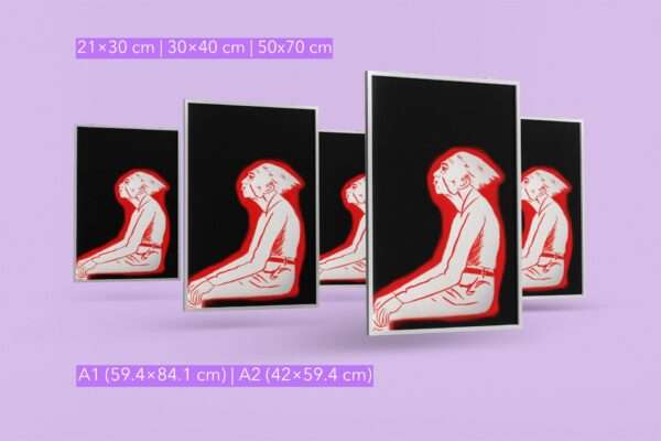 Druck einer sitzenden Figur in roter Silhouette auf schwarzem Hintergrund – grafisches Kunstwerk von Nia Moody4