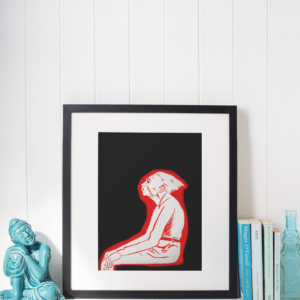 Druck einer sitzenden Figur in roter Silhouette auf schwarzem Hintergrund – grafisches Kunstwerk von Nia Moody3