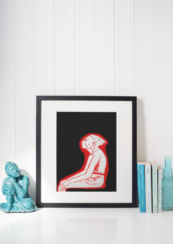 Druck einer sitzenden Figur in roter Silhouette auf schwarzem Hintergrund – grafisches Kunstwerk von Nia Moody3