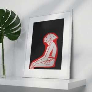 Druck einer sitzenden Figur in roter Silhouette auf schwarzem Hintergrund – grafisches Kunstwerk von Nia Moody2