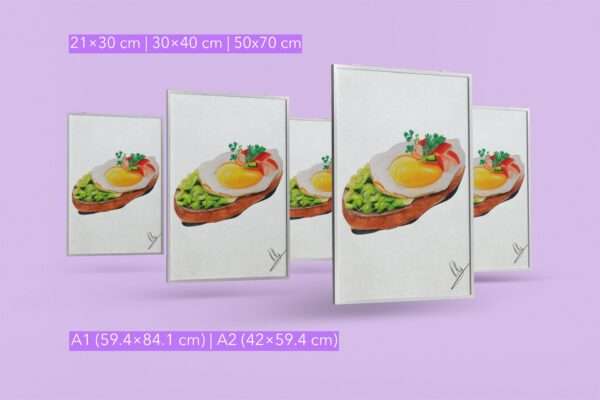 Druck eines Toastbrots mit Spiegelei, Gemüse und Salat – farbenfrohes Food-Art-Motiv von Nia Moody5