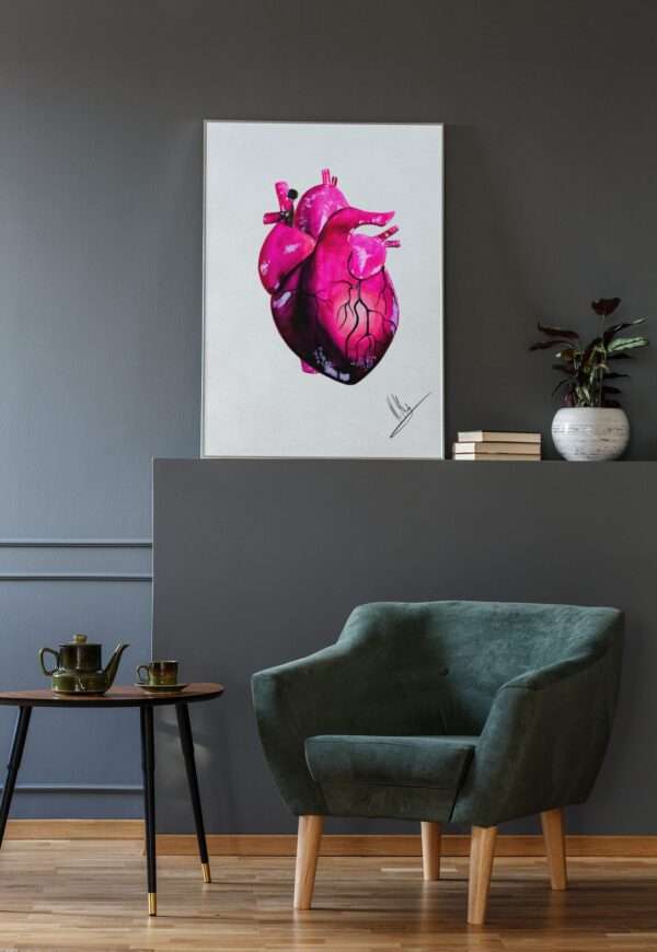 Anatomisch korrektes Herz in Pink- und Violetttönen auf hellem Hintergrund - Kunstdruck von Jasmin Moody2