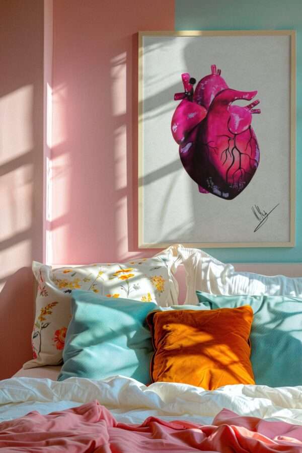 Anatomisch korrektes Herz in Pink- und Violetttönen auf hellem Hintergrund - Kunstdruck von Jasmin Moody1