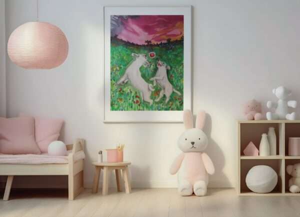 Druck zweier weißer Hunde beim Spielen auf einer bunten Blumenwiese mit Sonnenuntergang – Kunstwerk von Nia Moody10
