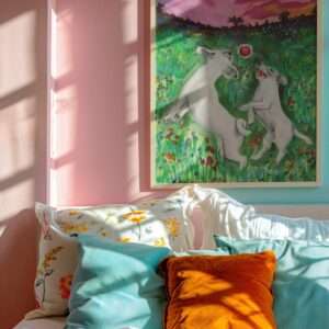 Druck zweier weißer Hunde beim Spielen auf einer bunten Blumenwiese mit Sonnenuntergang – Kunstwerk von Nia Moody8