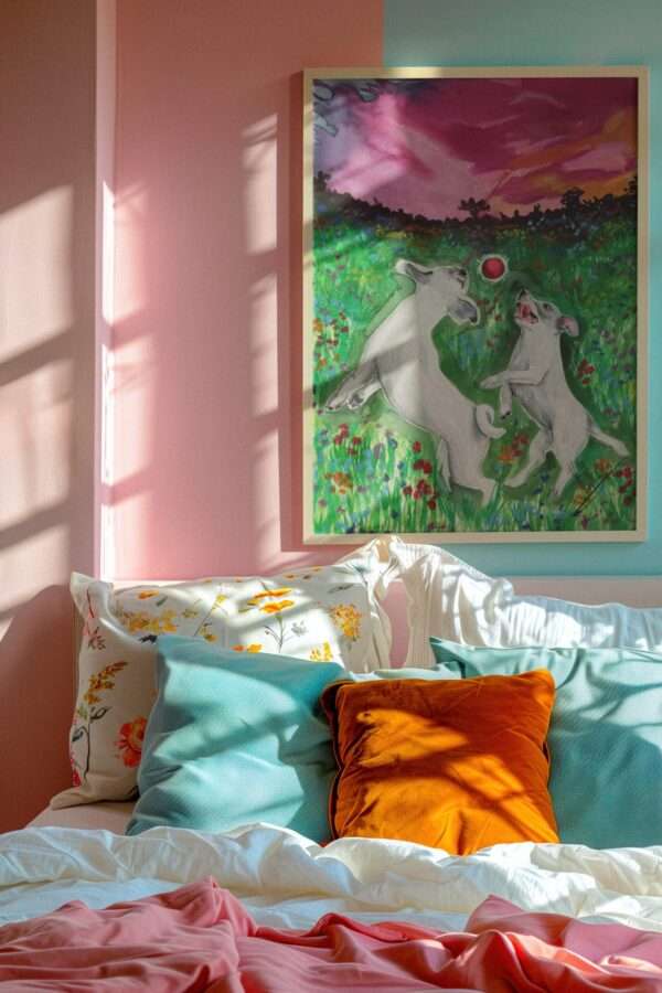 Druck zweier weißer Hunde beim Spielen auf einer bunten Blumenwiese mit Sonnenuntergang – Kunstwerk von Nia Moody8