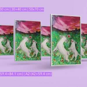 Druck zweier weißer Hunde beim Spielen auf einer bunten Blumenwiese mit Sonnenuntergang – Kunstwerk von Nia Moody4