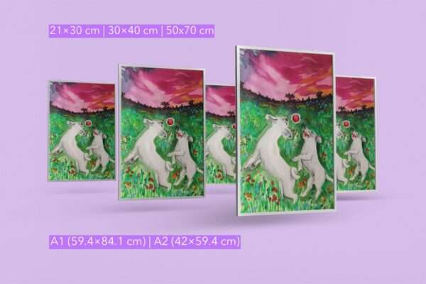Druck zweier weißer Hunde beim Spielen auf einer bunten Blumenwiese mit Sonnenuntergang – Kunstwerk von Nia Moody4