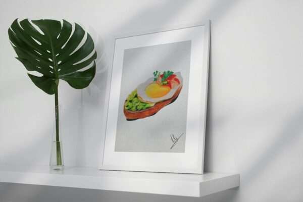 Druck eines Toastbrots mit Spiegelei, Gemüse und Salat – farbenfrohes Food-Art-Motiv von Nia Moody3