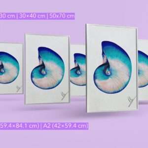 Druck einer spiralförmigen Muschel mit türkisen, blauen und rosafarbenen Nuancen – Kunstwerk von Nia Moody4