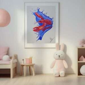 Druck „Lobster Splash“ – Roter Hummer auf blauer Splash-Bewegung von Nia Moody10