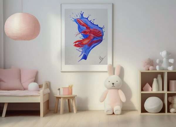 Druck „Lobster Splash“ – Roter Hummer auf blauer Splash-Bewegung von Nia Moody10