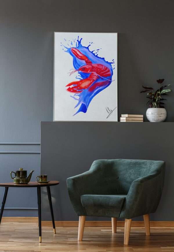 Druck „Lobster Splash“ – Roter Hummer auf blauer Splash-Bewegung von Nia Moody9