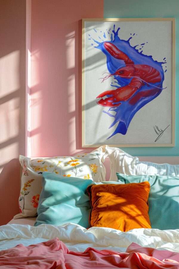 Druck „Lobster Splash“ – Roter Hummer auf blauer Splash-Bewegung von Nia Moody8