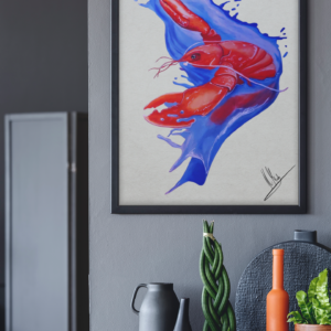 Druck „Lobster Splash“ – Roter Hummer auf blauer Splash-Bewegung von Nia Moody7