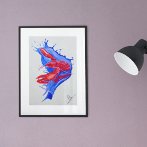 Druck „Lobster Splash“ – Roter Hummer auf blauer Splash-Bewegung von Nia Moody6
